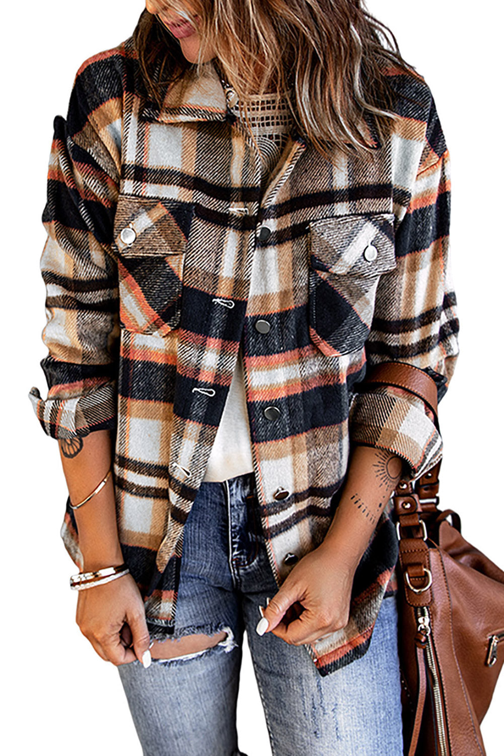 A cozy Geometric Plaid Print Pocketed Shacket featuring a classic plaid pattern, button front, and large pockets, perfect for chilly weather.