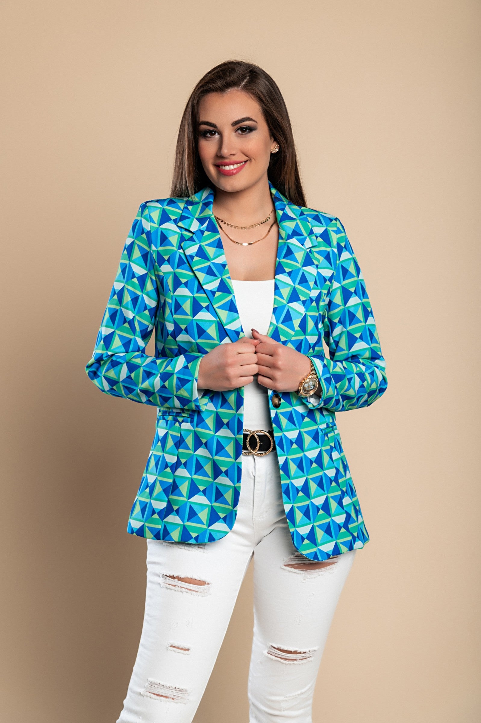 A stylish blue geometric print blazer featuring a classic collar, padded shoulders, and faux pockets, showcasing high-quality Italian craftsmanship.