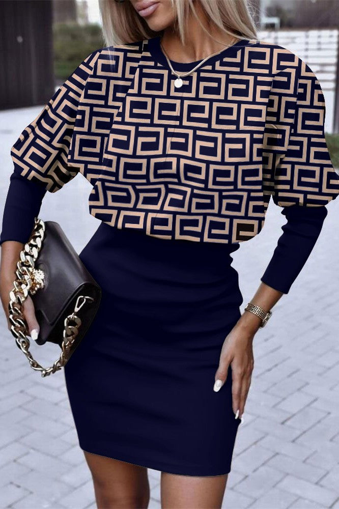 Dark blue geometric print elegant mini dress with a loose top, round neckline, long sleeves, and fitted mid-thigh skirt.