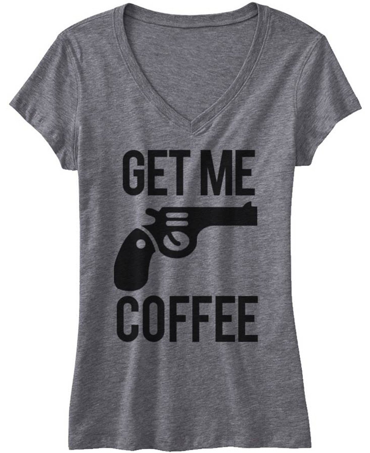 GET ME COFFEE Gray V-neck Shirt featuring black print, perfect for coffee lovers.