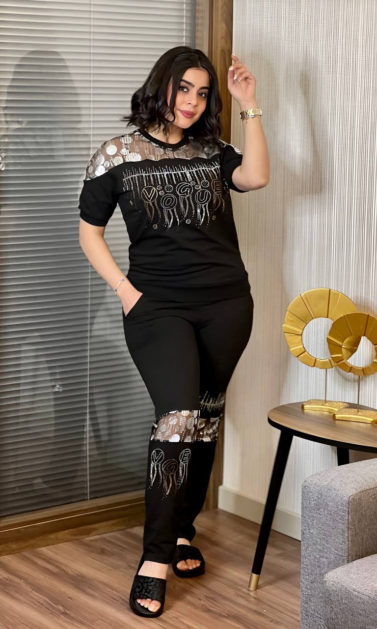 Gia Sequin 2 Piece Shirt and Jogger Pants Set featuring a stylish mesh design and sequin decor, perfect for chic occasions.