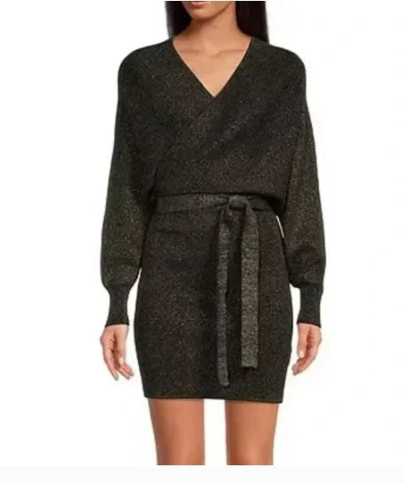 Gianni Bini Alston Black Silver Long Sleeve Dress Sweater Mini Dress featuring a V-neckline, tie waist detail, and metallic threading.