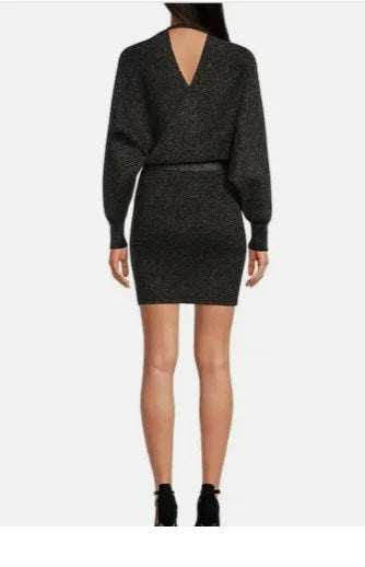 Gianni Bini Alston Black Silver Long Sleeve Dress Sweater Mini Dress featuring a V-neckline, tie waist detail, and metallic threading.