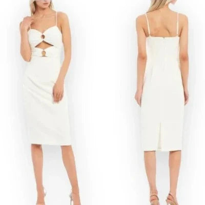 Gianni Bini White Midi Dress featuring a sweetheart neckline and stylish cut-out design, size 8.