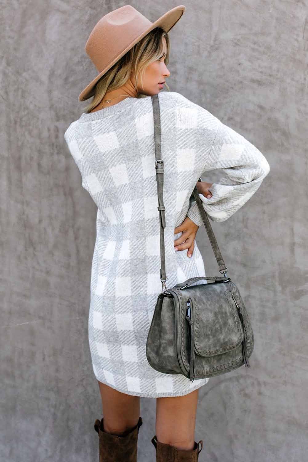 Gingham Balloon Sleeve Sweater Dress featuring a classic checkered pattern, round neck, and stylish lantern sleeves.