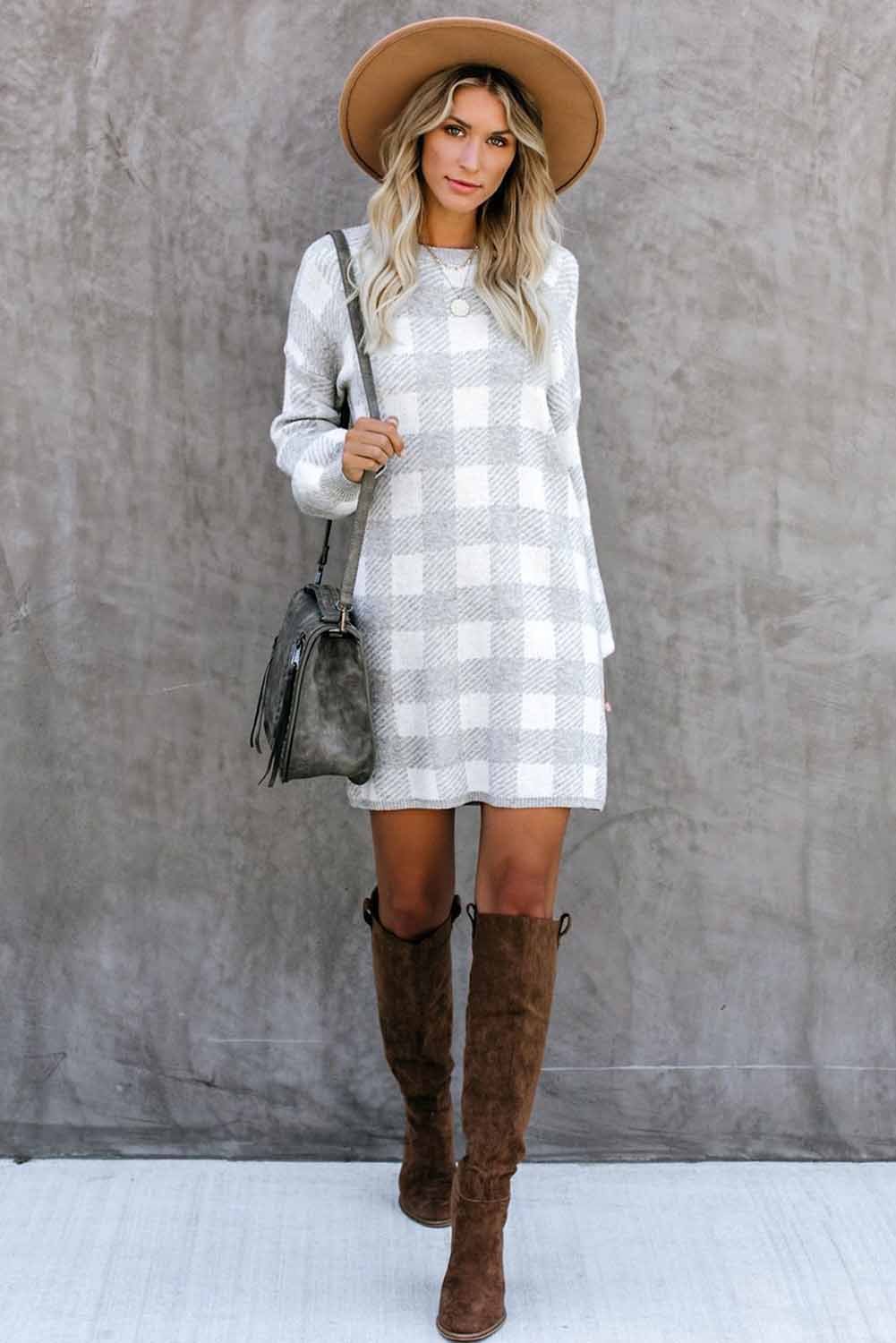 Gingham Balloon Sleeve Sweater Dress featuring a classic checkered pattern, round neck, and stylish lantern sleeves.