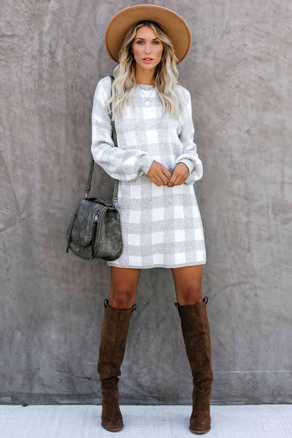 Gingham Balloon Sleeve Sweater Dress featuring a classic checkered pattern, round neck, and stylish lantern sleeves.