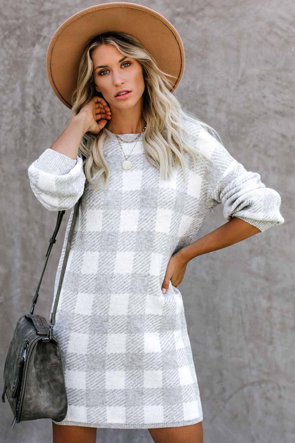 Gingham Balloon Sleeve Sweater Dress featuring a classic checkered pattern, round neck, and stylish lantern sleeves.