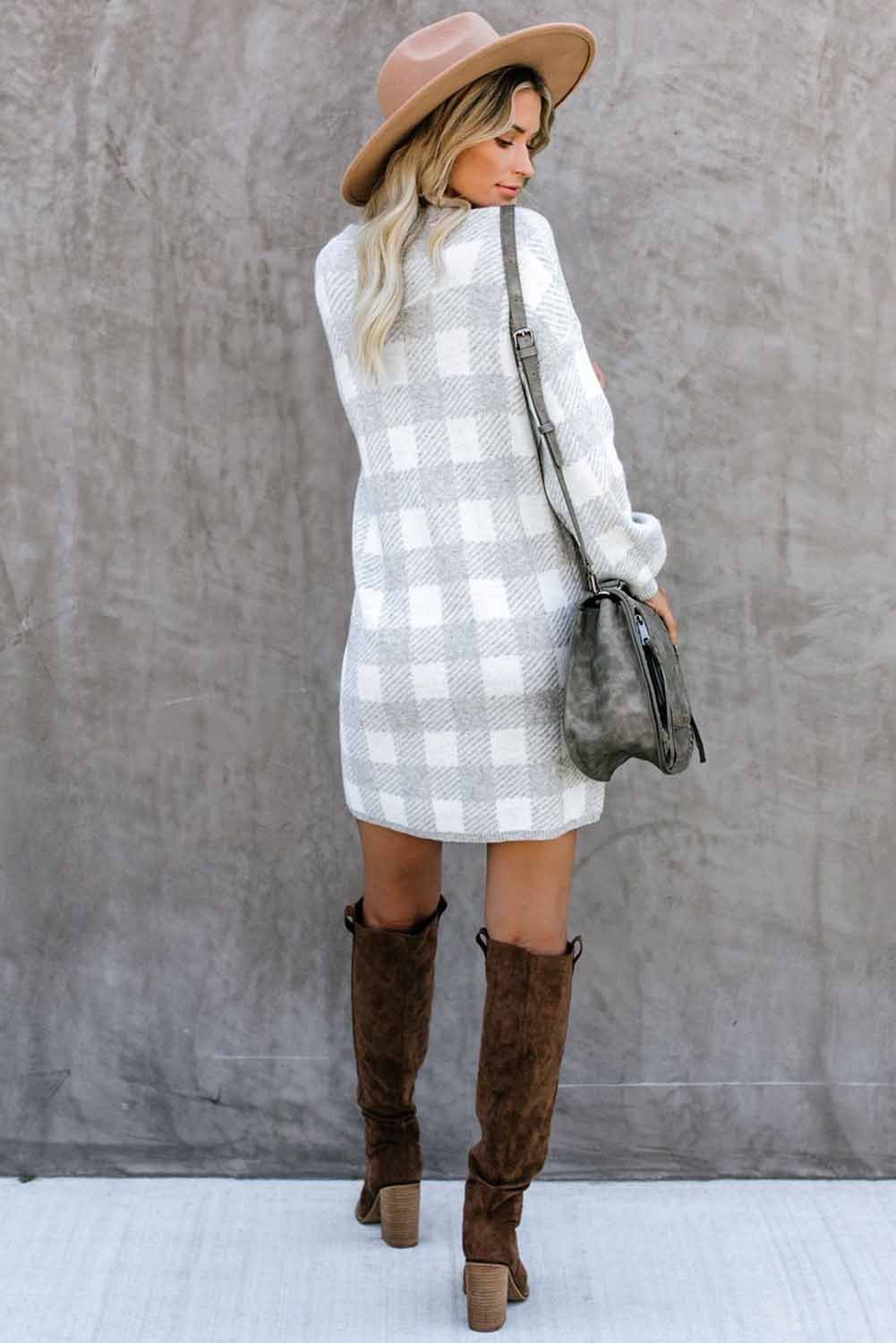 Gingham Balloon Sleeve Sweater Dress featuring a classic checkered pattern, round neck, and stylish lantern sleeves.