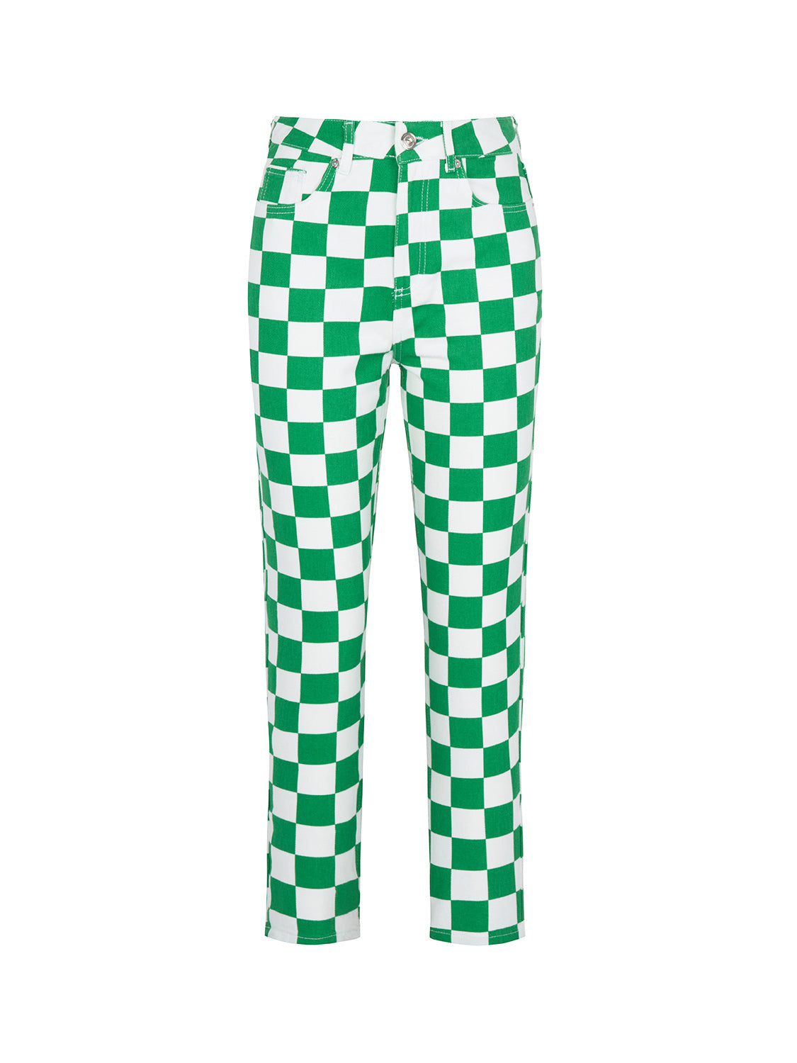 A pair of stylish Gingham Mom Jeans featuring a high-waisted design, five pockets, and a vibrant green monochrome pattern.