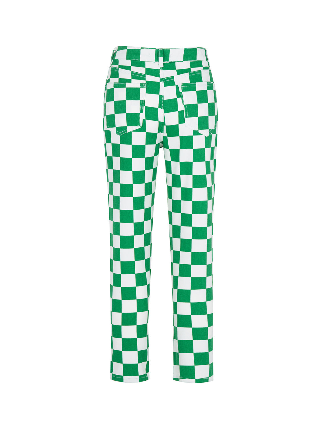 A pair of stylish Gingham Mom Jeans featuring a high-waisted design, five pockets, and a vibrant green monochrome pattern.