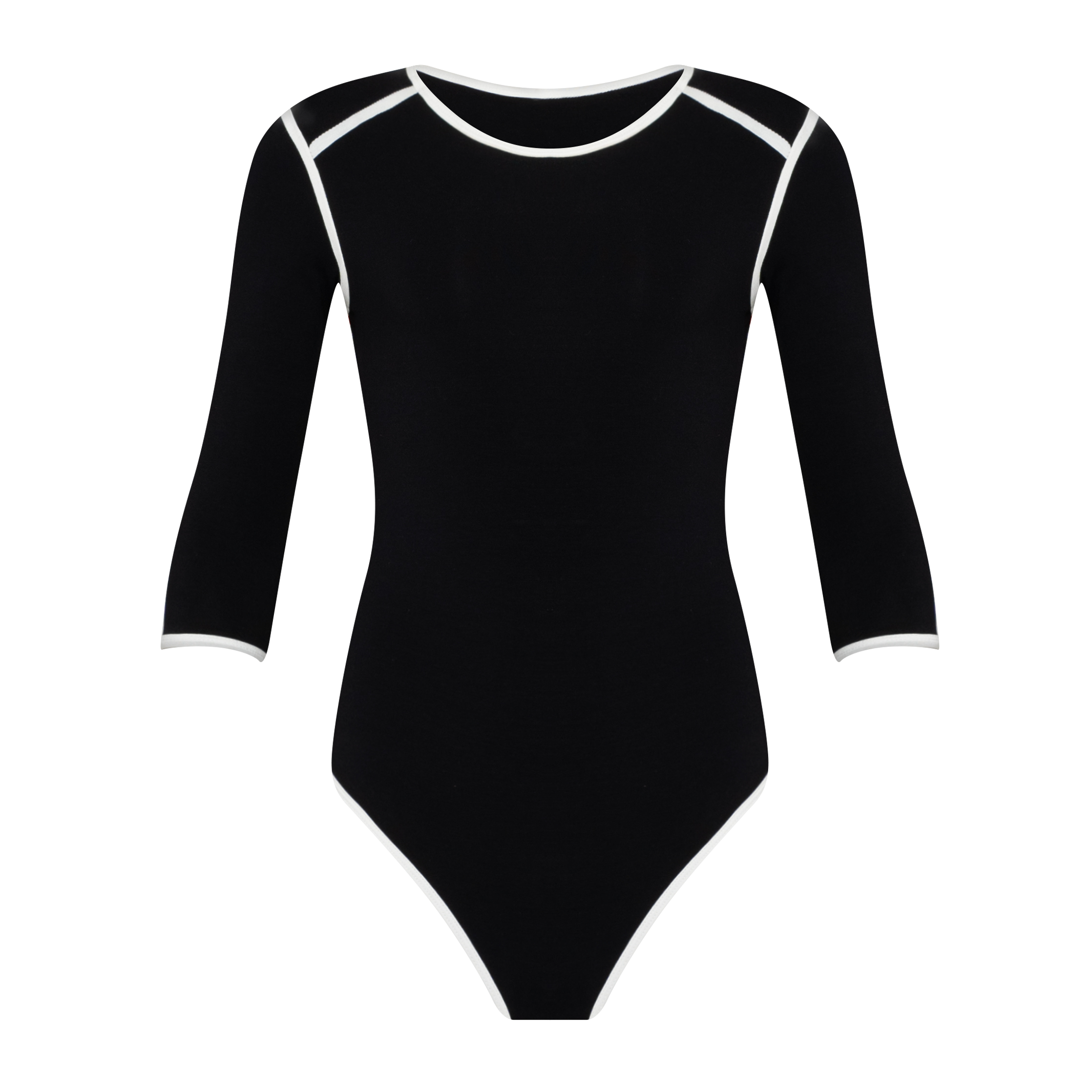 GIRL Two-tone Eco Bodysuit in Black featuring a round neckline and 3/4 sleeves, made from sustainable Lenzing viscose fabric.