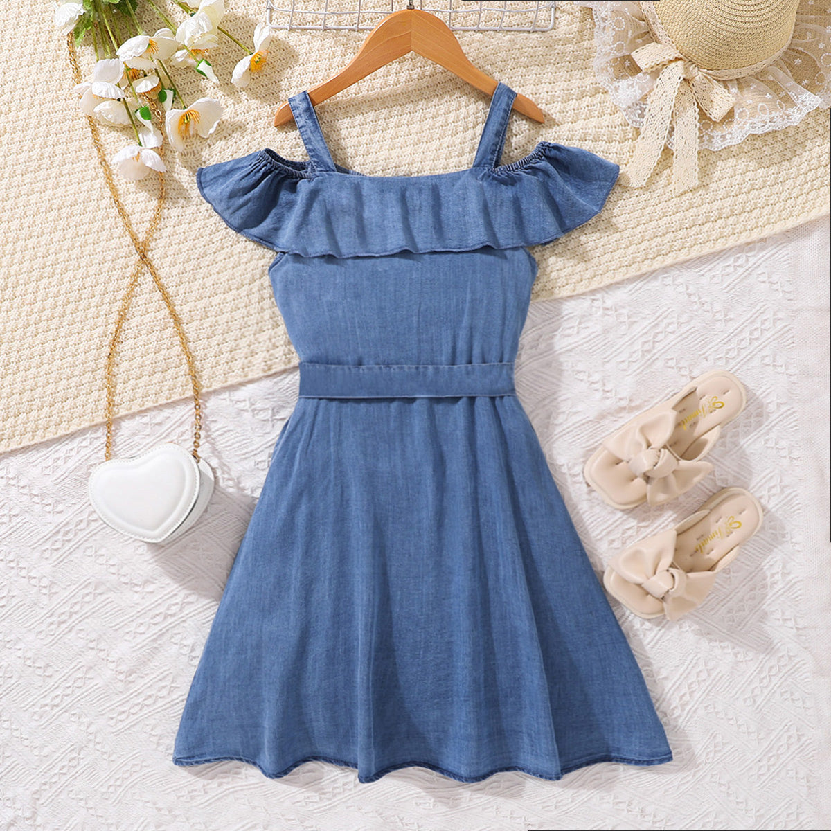 Girls Cold-Shoulder Buttoned Denim Dress featuring a square neckline and pockets, made from soft lyocell fabric.