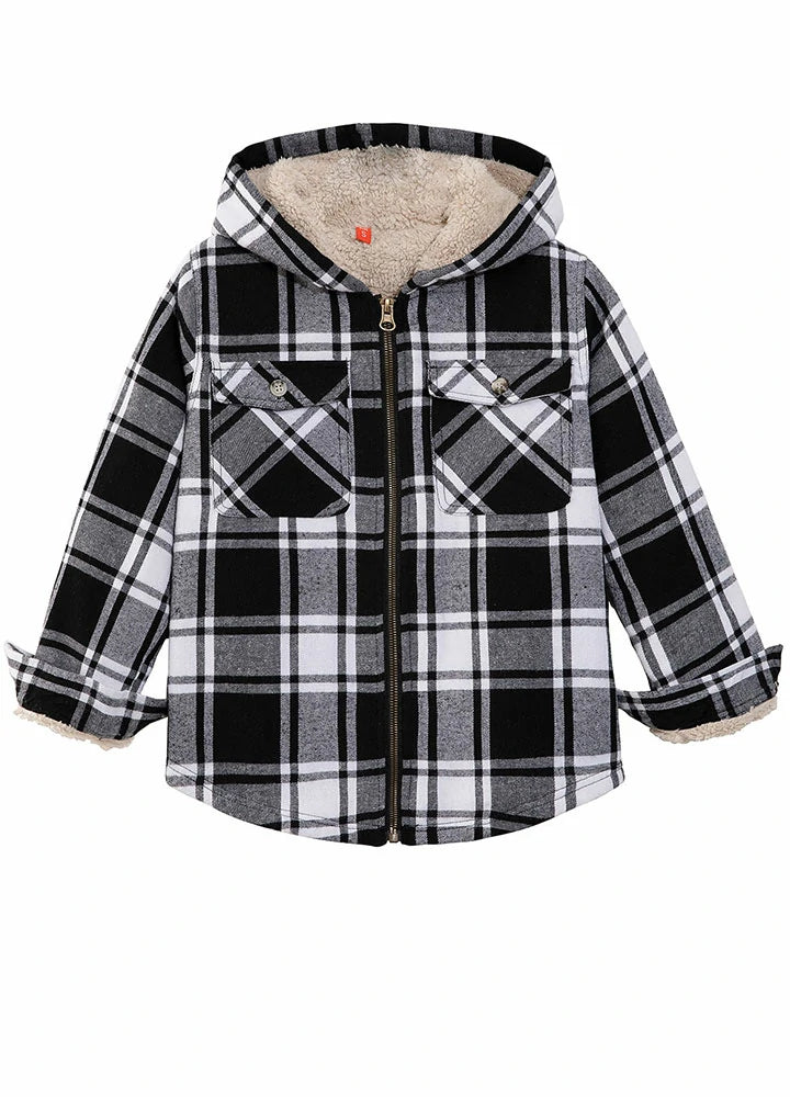 Girls Matching Family Black White Hooded Flannel Jacket displayed on a hanger, showcasing its stylish flannel pattern and hood.