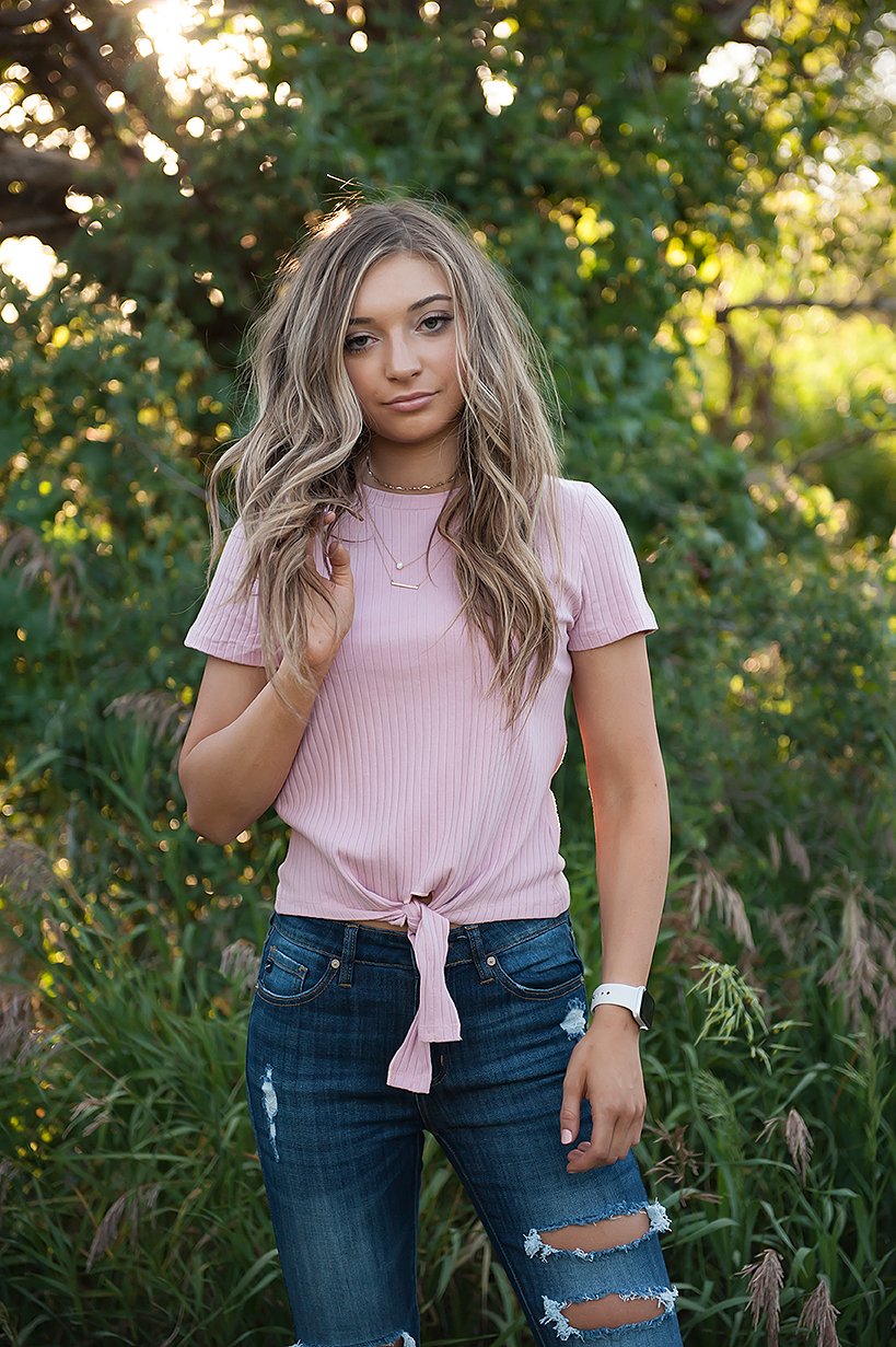 Girls Ribbed Tie Bottom Tee in Pink and Burgundy, showcasing soft ribbed fabric and stylish tie bottom design.