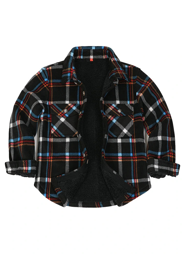 Girls Sherpa Lined Buffalo Plaid Fleece Button Down Shirt Jacket in red and black plaid pattern, showcasing soft fleece lining and button-down front.