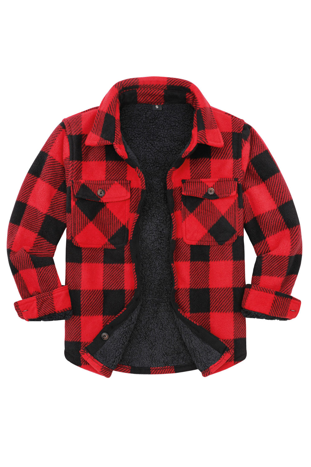 Girls Sherpa Lined Buffalo Plaid Fleece Button Down Shirt Jacket in red and black plaid pattern, showcasing soft fleece lining and button-down front.