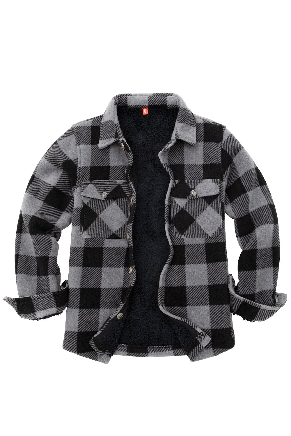 Girls Sherpa Lined Buffalo Plaid Fleece Button Down Shirt Jacket in red and black plaid pattern, showcasing soft fleece lining and button-down front.