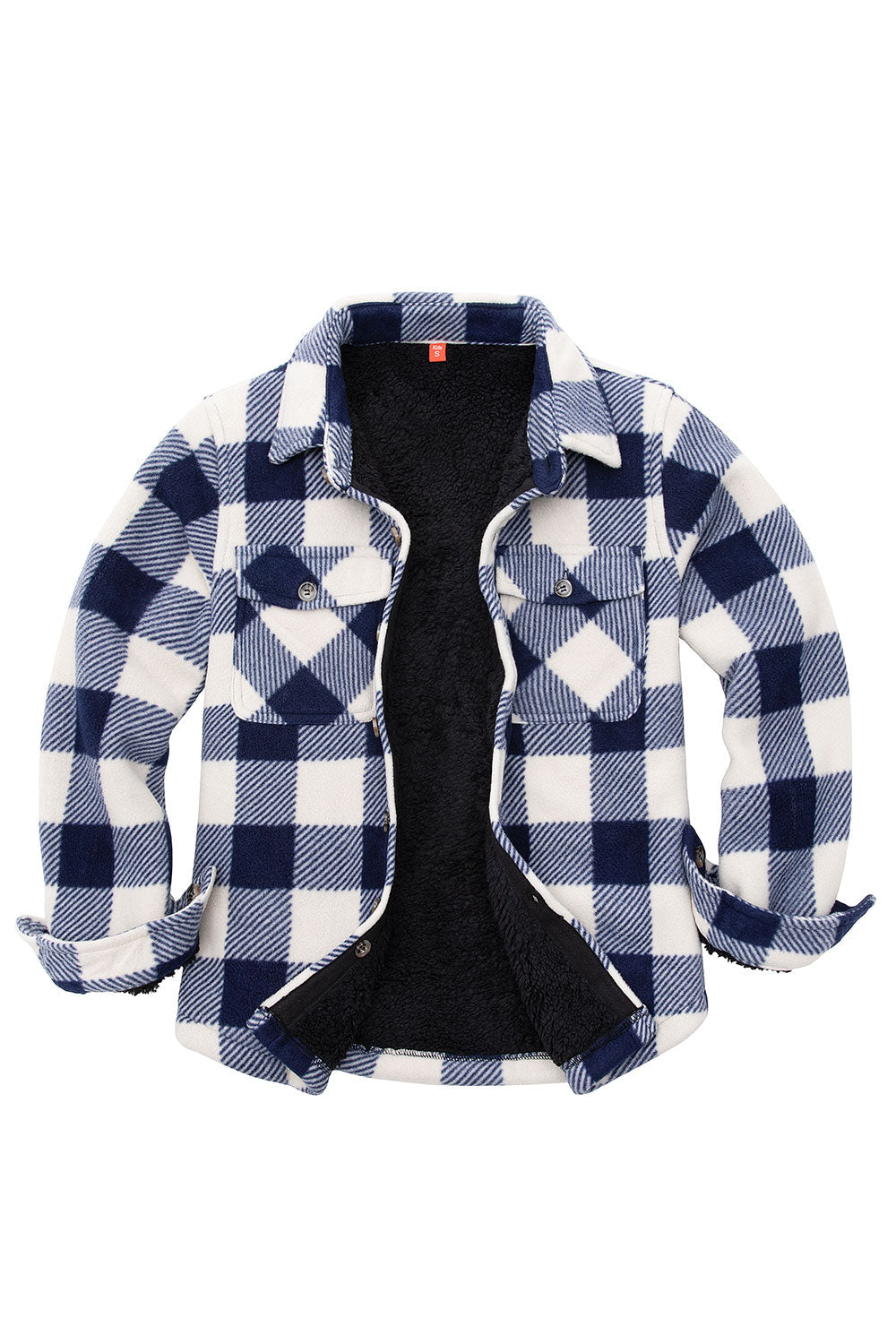 Girls Sherpa Lined Buffalo Plaid Fleece Button Down Shirt Jacket in red and black plaid pattern, showcasing soft fleece lining and button-down front.