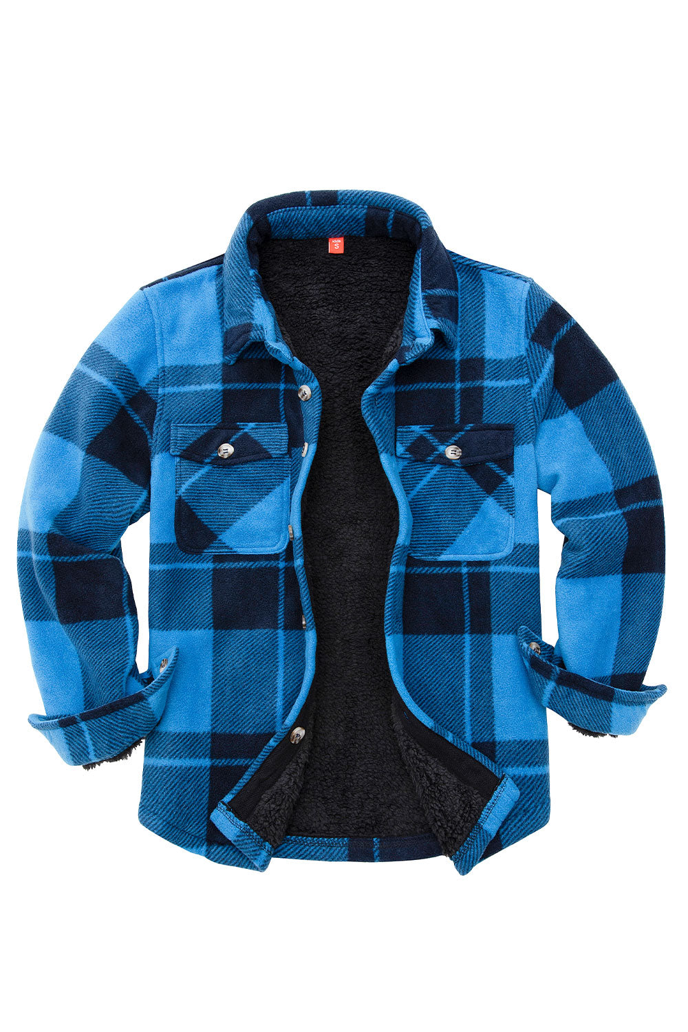 Girls Sherpa Lined Buffalo Plaid Fleece Button Down Shirt Jacket in red and black plaid pattern, showcasing soft fleece lining and button-down front.