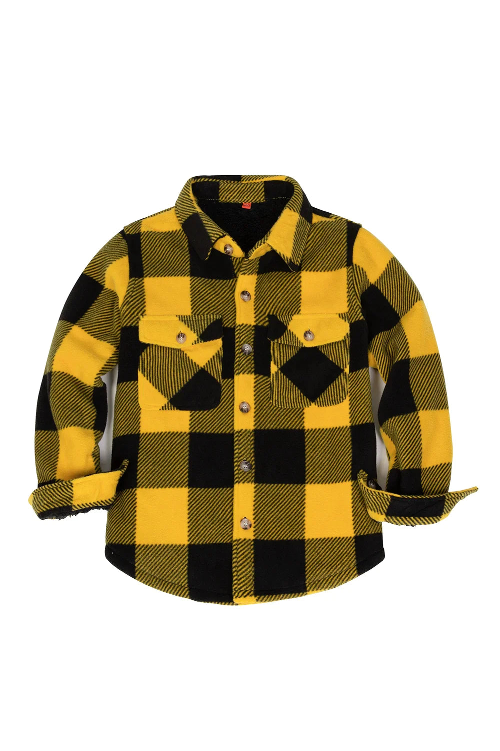 Girls Sherpa Lined Buffalo Plaid Fleece Button Down Shirt Jacket in red and black plaid pattern, showcasing soft fleece lining and button-down front.