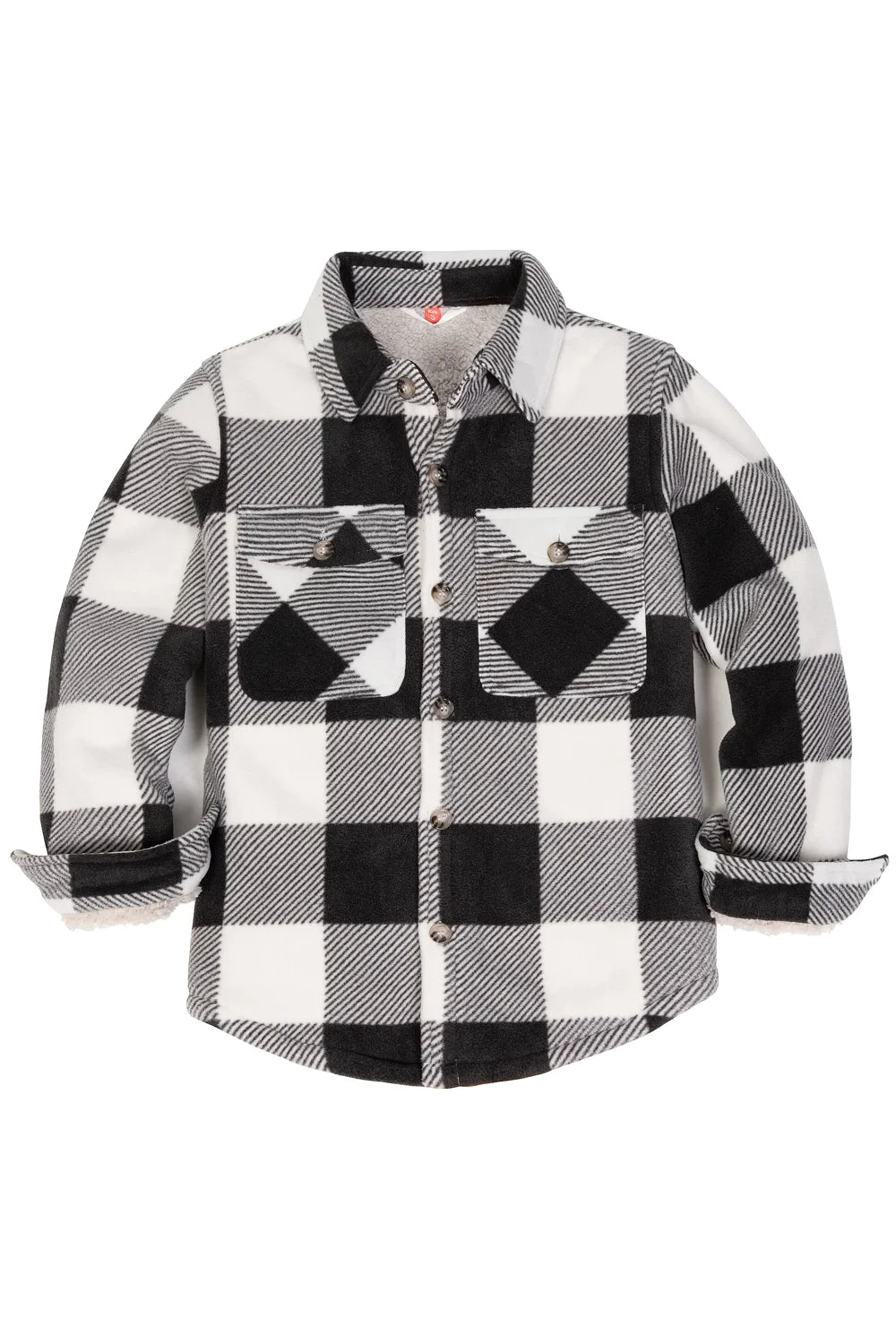 Girls Sherpa Lined Buffalo Plaid Fleece Button Down Shirt Jacket in red and black plaid pattern, showcasing soft fleece lining and button-down front.