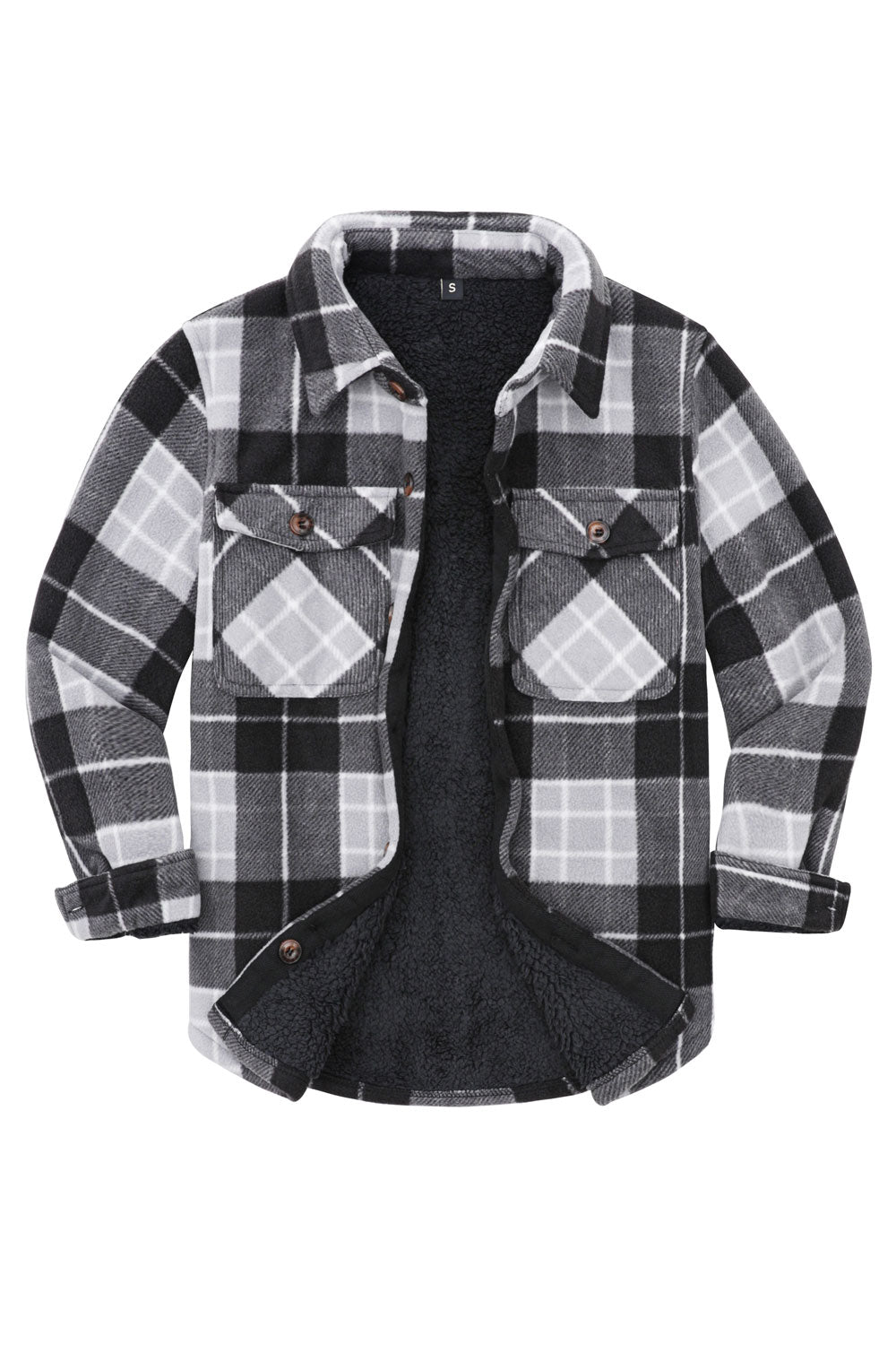 Girls Sherpa Lined Buffalo Plaid Fleece Button Down Shirt Jacket in red and black plaid pattern, showcasing soft fleece lining and button-down front.