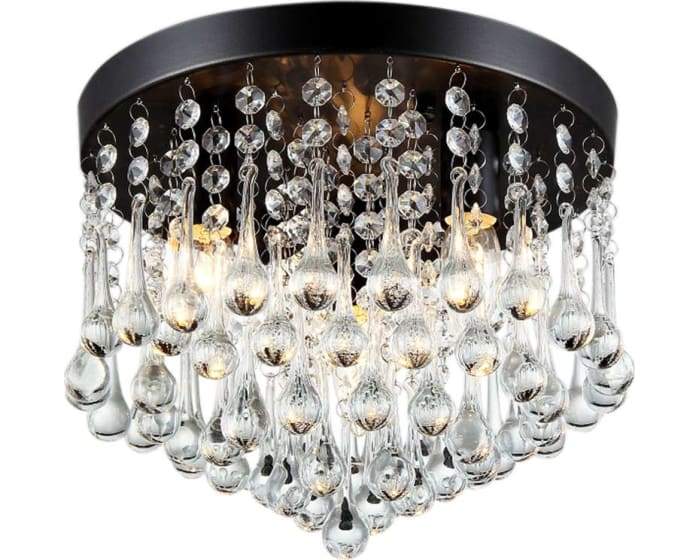 Gisela 3-light Crystal Flush Mount with black finish and dangling crystals, elegantly designed for modern interiors.