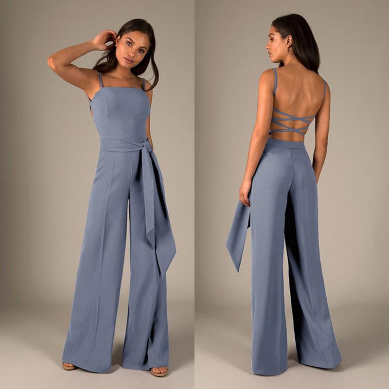 Glamaker Backless Sleeveless Long Jumpsuit featuring lace-up detail, perfect for parties and special occasions.