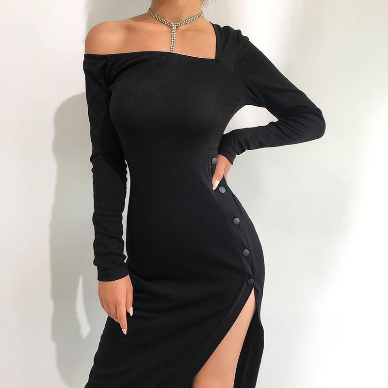 Glamaker Black bodycon dress with irregular collar and full sleeves, perfect for autumn outings.