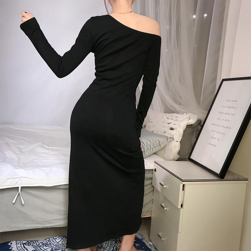 Glamaker Black bodycon dress with irregular collar and full sleeves, perfect for autumn outings.