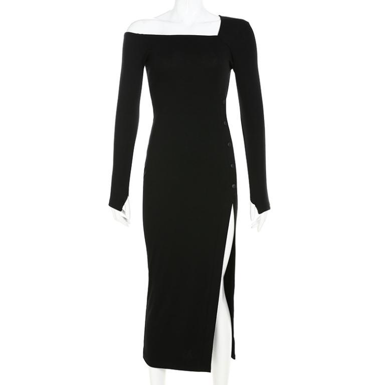 Glamaker Black bodycon dress with irregular collar and full sleeves, perfect for autumn outings.