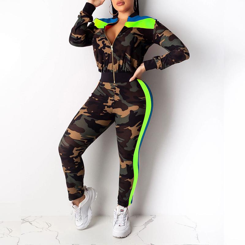 Glamaker Camouflage patchwork knitted jumpsuit showcasing a stylish bodycon fit, perfect for casual and fitness wear.