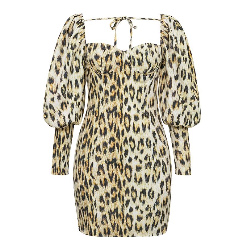 Glamaker Elegant leopard print mini dress featuring a square neck and long puff sleeves, perfect for summer outings.