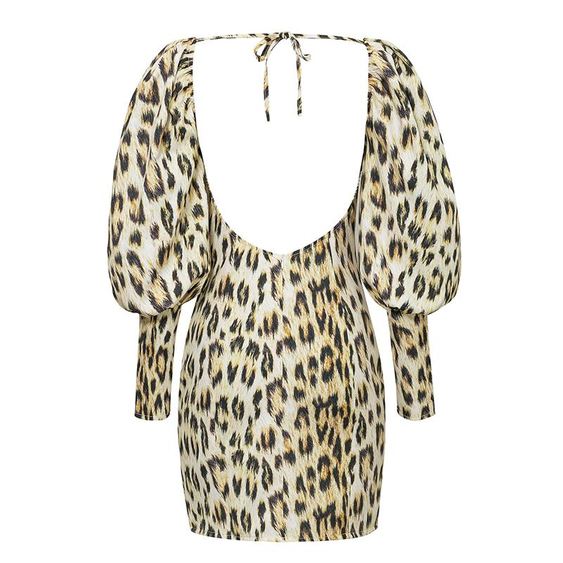 Glamaker Elegant leopard print mini dress featuring a square neck and long puff sleeves, perfect for summer outings.