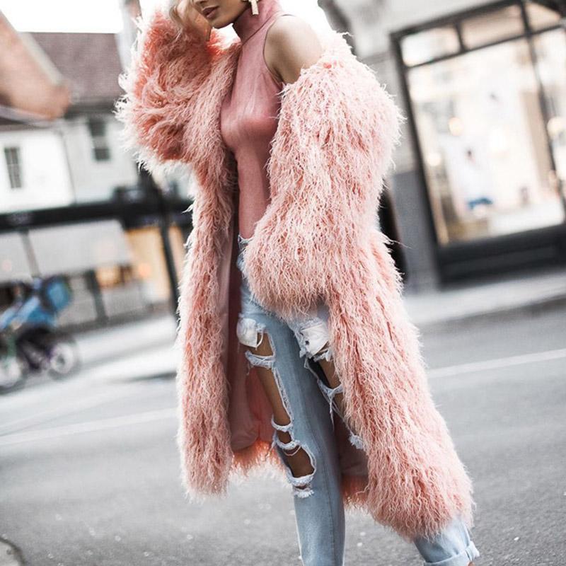 Glamaker women's long pink faux fur coat with O-neck collar and covered button closure, perfect for stylish winter wear.