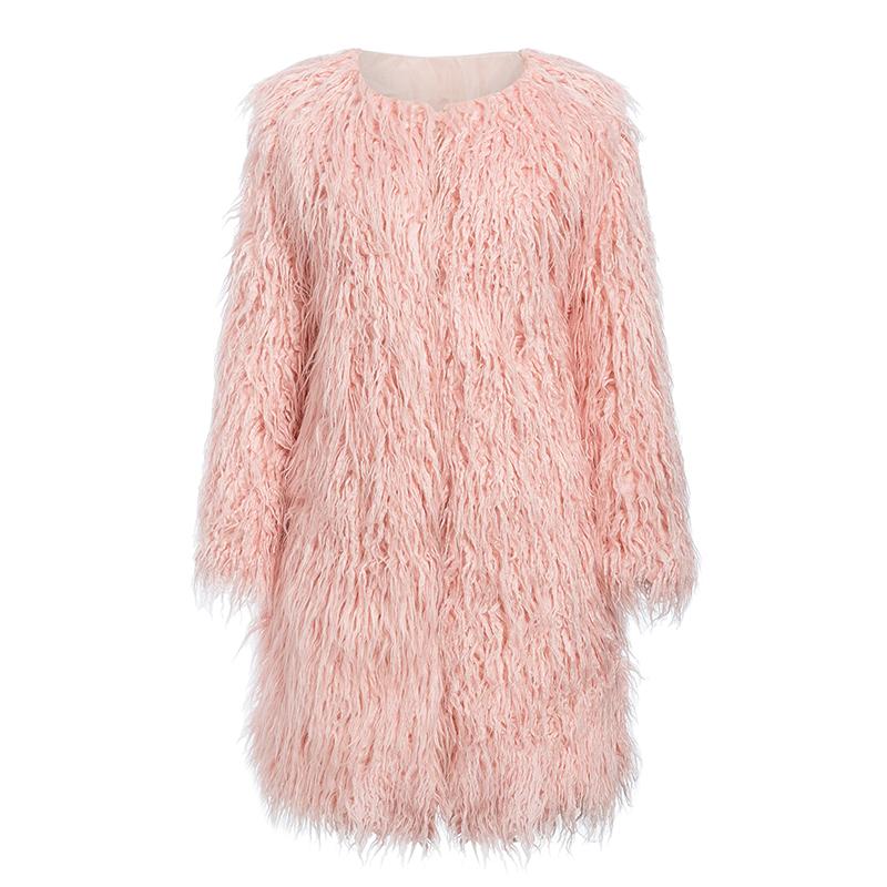 Glamaker women's long pink faux fur coat with O-neck collar and covered button closure, perfect for stylish winter wear.