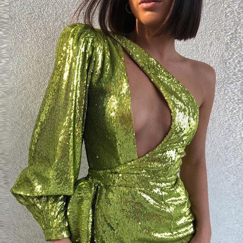 Glamaker Green sequin mini dress featuring elegant lantern sleeves and an asymmetrical neckline, perfect for autumn parties.