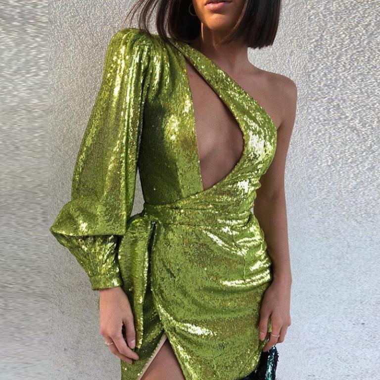 Glamaker Green sequin mini dress featuring elegant lantern sleeves and an asymmetrical neckline, perfect for autumn parties.