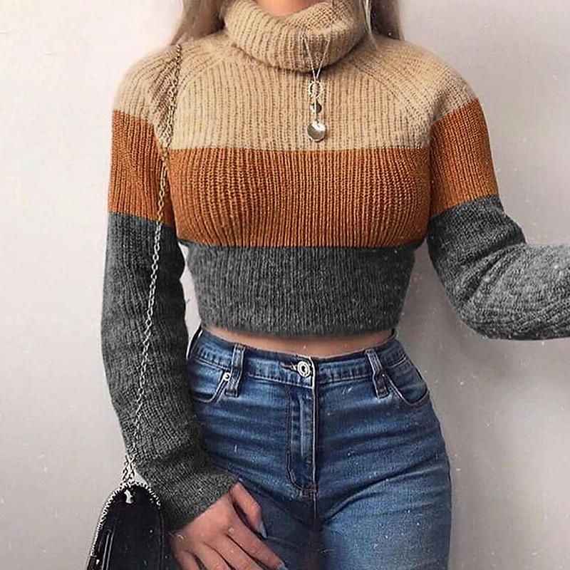 Glamaker Knitted elegant turtleneck short sweater for women, featuring full-length sleeves and a stylish design.