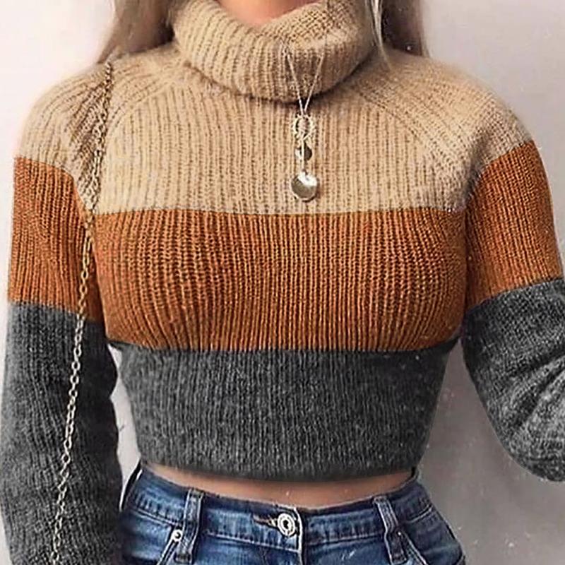 Glamaker Knitted elegant turtleneck short sweater for women, featuring full-length sleeves and a stylish design.