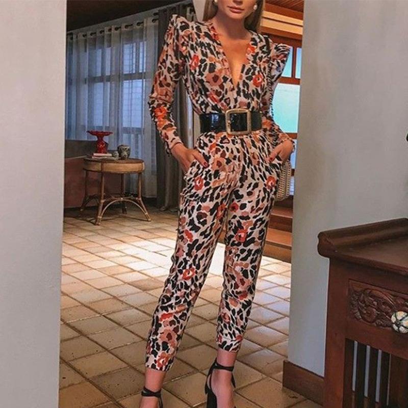 Glamaker Knitted Leopard Print Jumpsuit featuring a v-neck and long sleeves, perfect for stylish women.