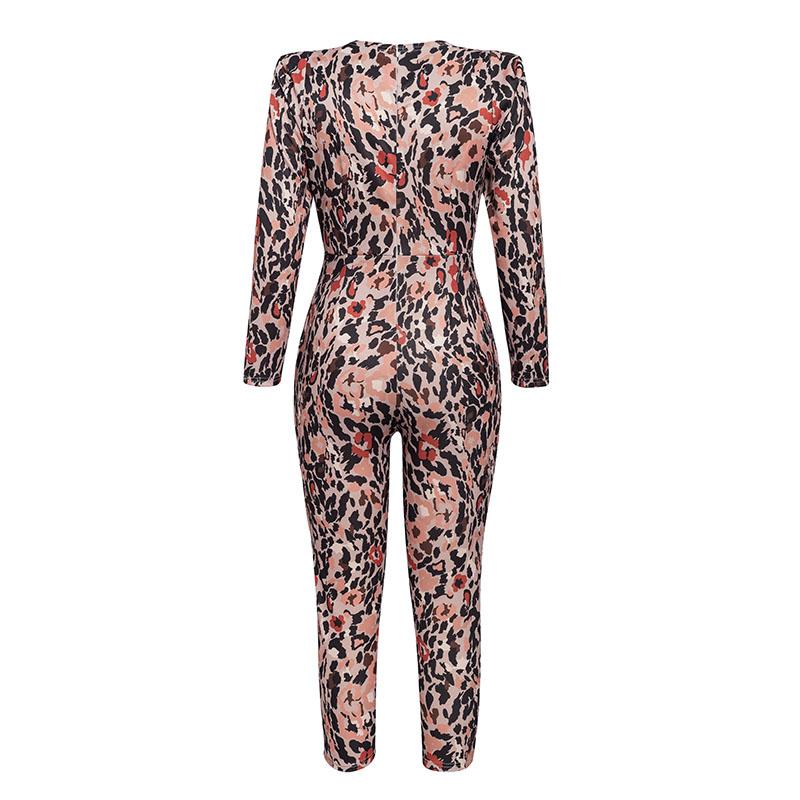 Glamaker Knitted Leopard Print Jumpsuit featuring a v-neck and long sleeves, perfect for stylish women.