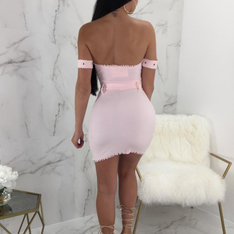 Glamaker knitted pink sexy party dress featuring a strapless neckline and above-knee length, perfect for autumn and winter nights out.