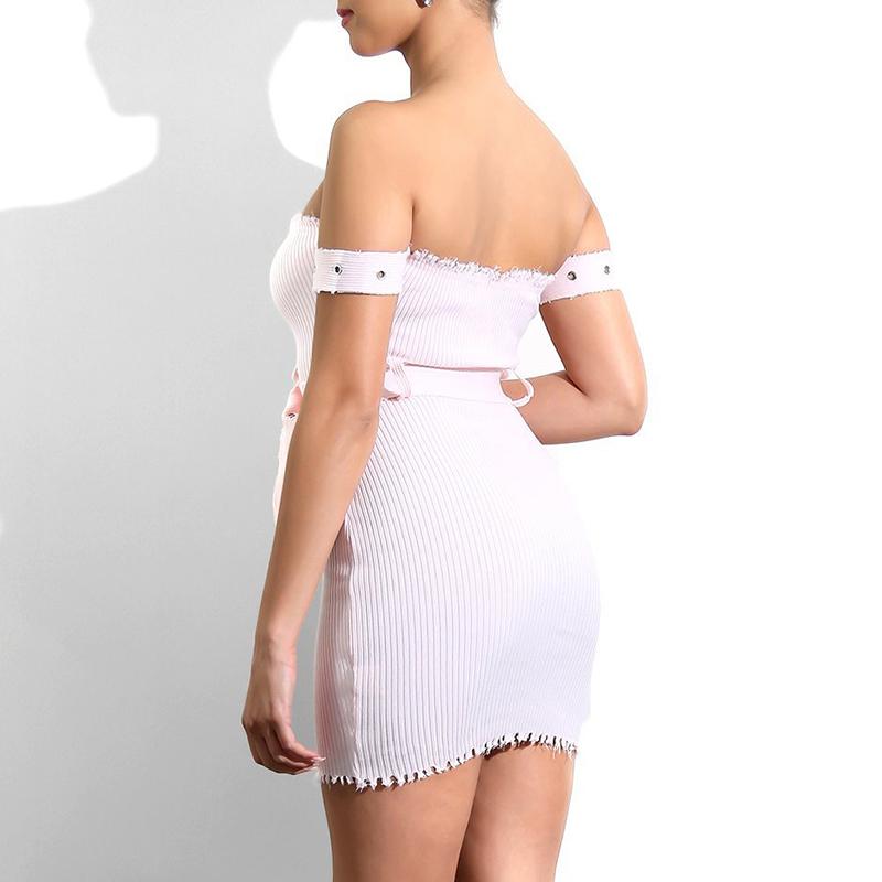 Glamaker knitted pink sexy party dress featuring a strapless neckline and above-knee length, perfect for autumn and winter nights out.