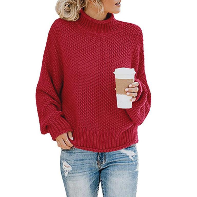 Glamaker Knitted Turtleneck Sweater featuring long lantern sleeves in a solid color, showcasing a stylish high street design.