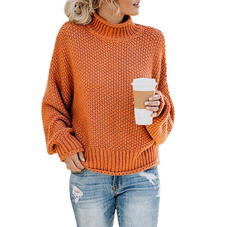 Glamaker Knitted Turtleneck Sweater featuring long lantern sleeves in a solid color, showcasing a stylish high street design.