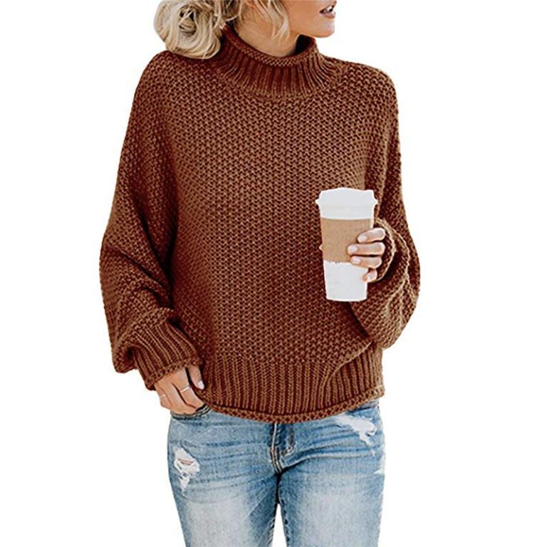 Glamaker Knitted Turtleneck Sweater featuring long lantern sleeves in a solid color, showcasing a stylish high street design.