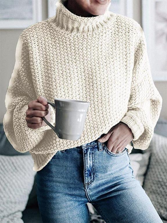 Glamaker Knitted Turtleneck Sweater featuring long lantern sleeves in a solid color, showcasing a stylish high street design.