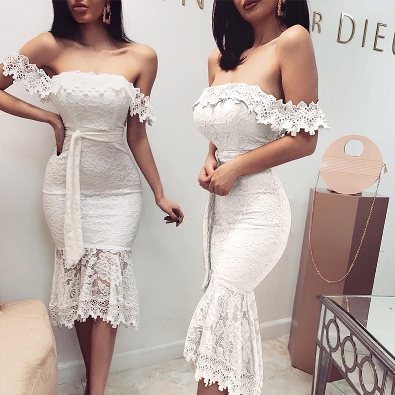 Glamaker Lace white bodycon ruffles dress featuring off-shoulder design and floral patterns, perfect for autumn occasions.